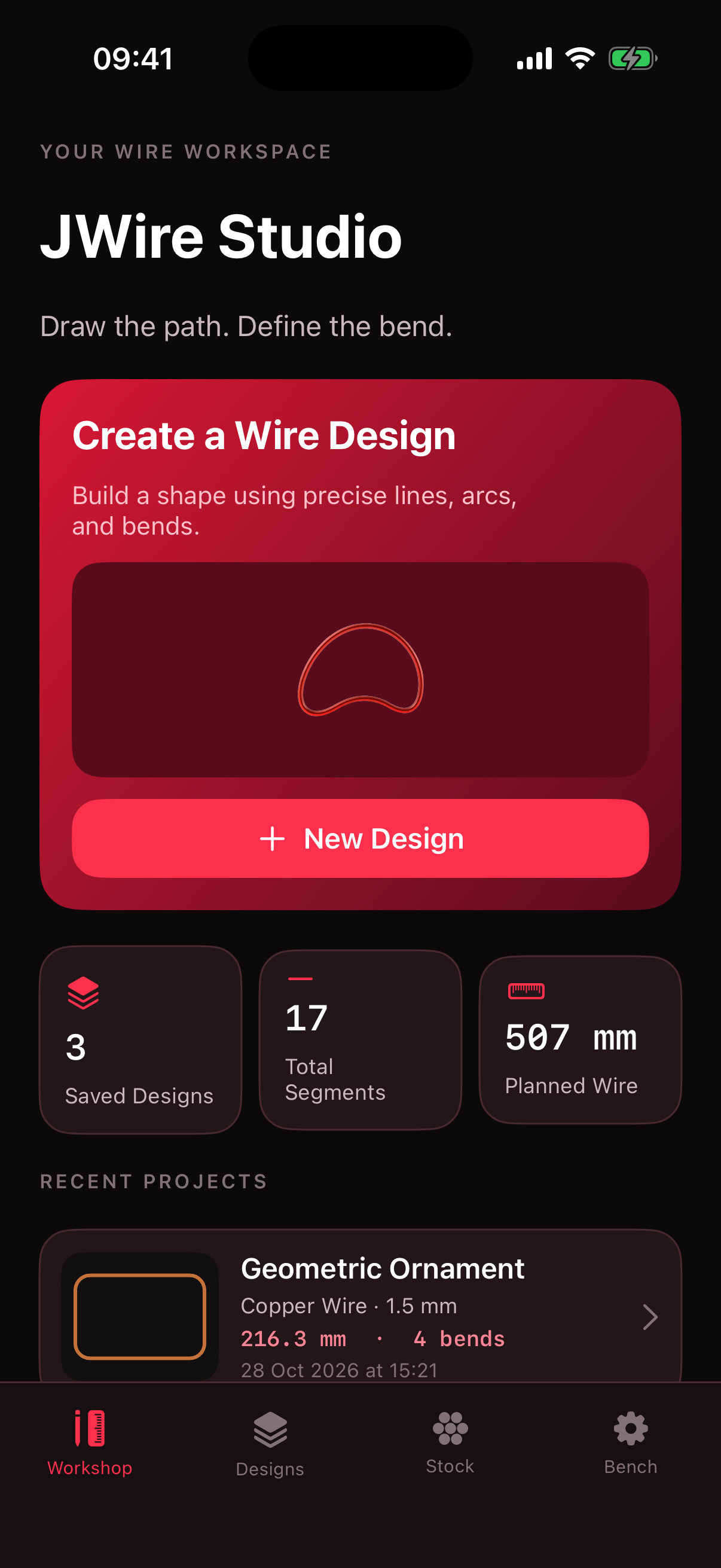 JWire Workshop home with create card and recent projects